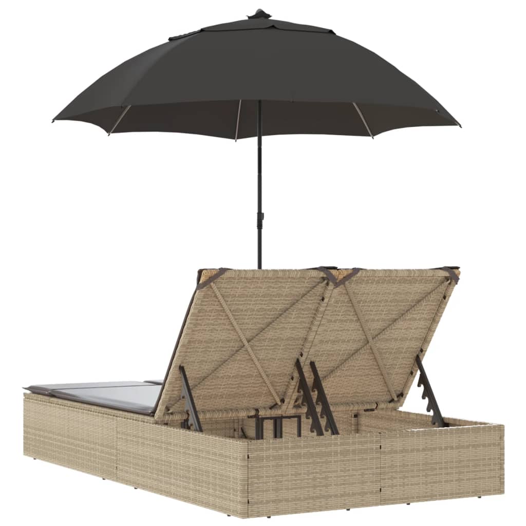 Lettino Prendisole Doppio Cuscini e Parasole Beige Polyrattan - homemem39