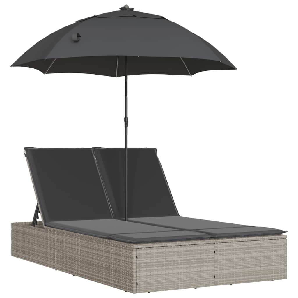 Lettino Prendisole Cuscini e Parasole Grigio Chiaro Polyrattan - homemem39