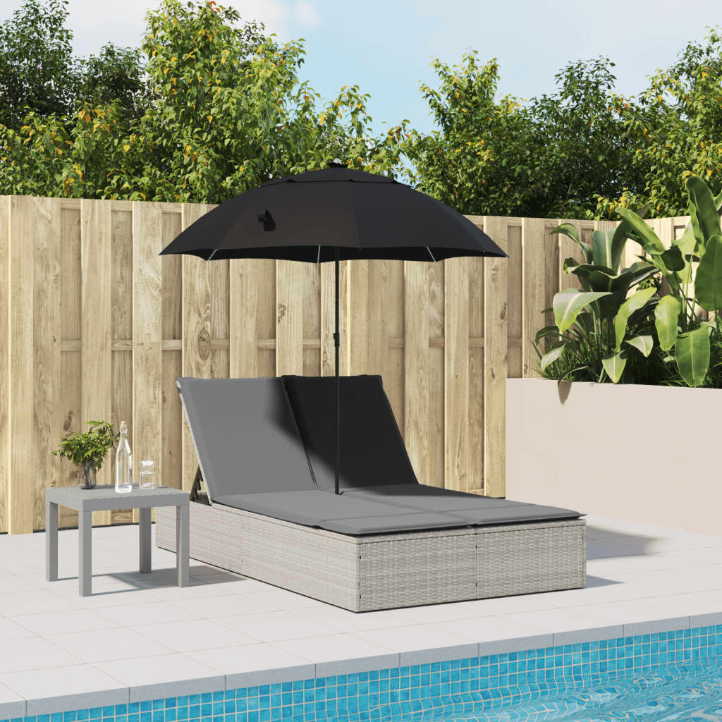 Lettino Prendisole Cuscini e Parasole Grigio Chiaro Polyrattan - homemem39