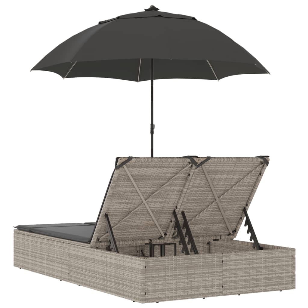 Lettino Prendisole Cuscini e Parasole Grigio Chiaro Polyrattan - homemem39