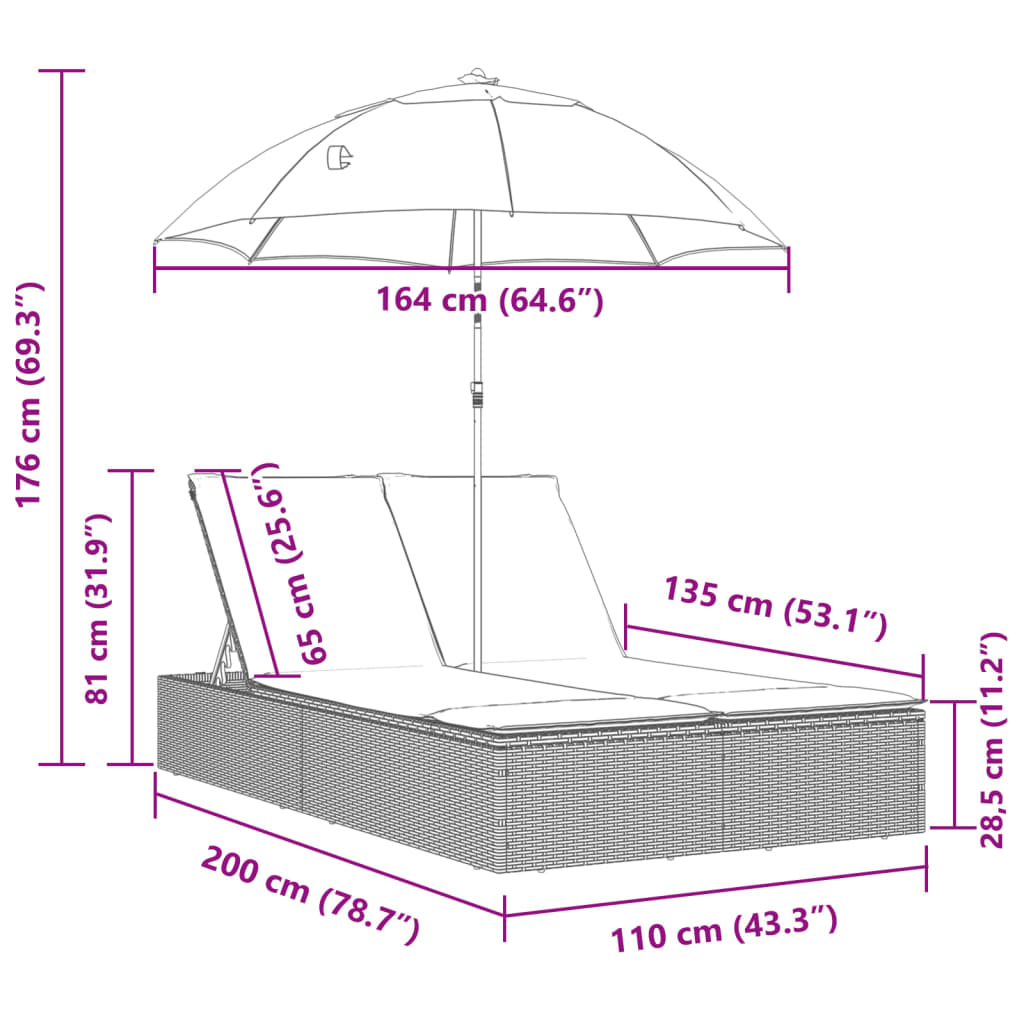 Lettino Prendisole Cuscini e Parasole Grigio Chiaro Polyrattan - homemem39