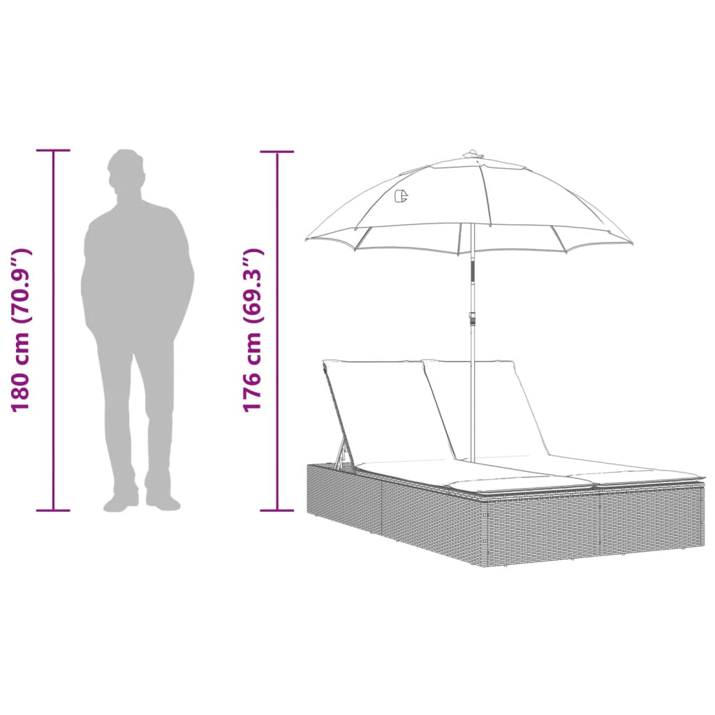Lettino Prendisole Cuscini e Parasole Grigio Chiaro Polyrattan - homemem39