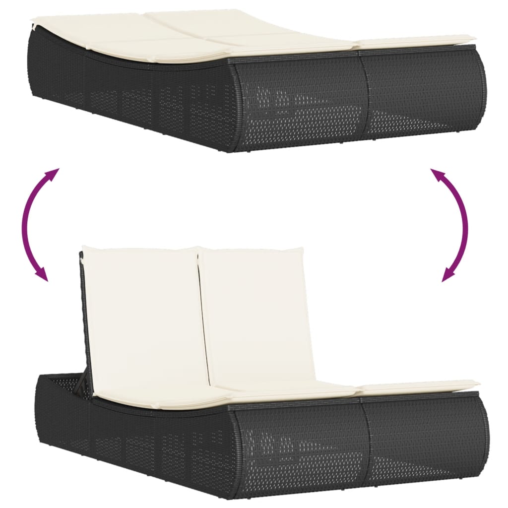 Lettino Prendisole Doppio con Cuscini Nero in Polyrattan - homemem39