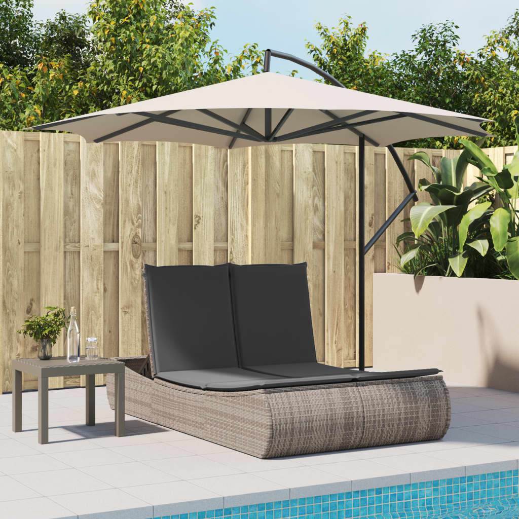 Lettino Prendisole Doppio con Cuscini Grigio in Polyrattan - homemem39