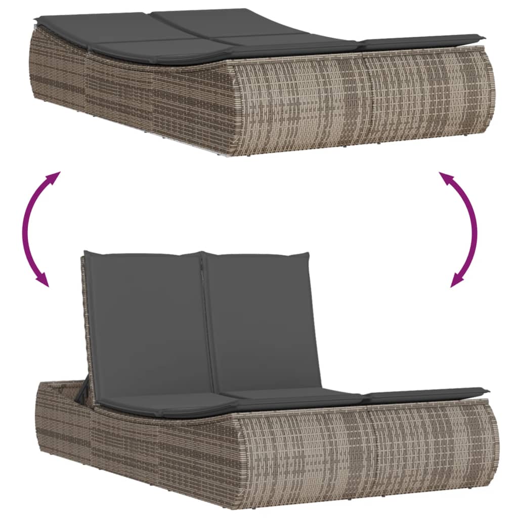 Lettino Prendisole Doppio con Cuscini Grigio in Polyrattan - homemem39