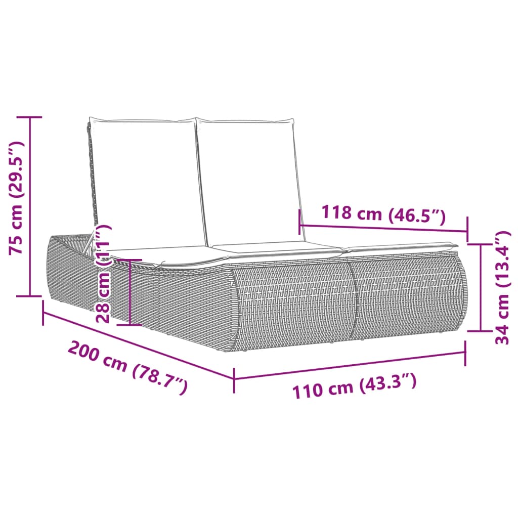 Lettino Prendisole Doppio con Cuscini Grigio Chiaro Polyrattan - homemem39