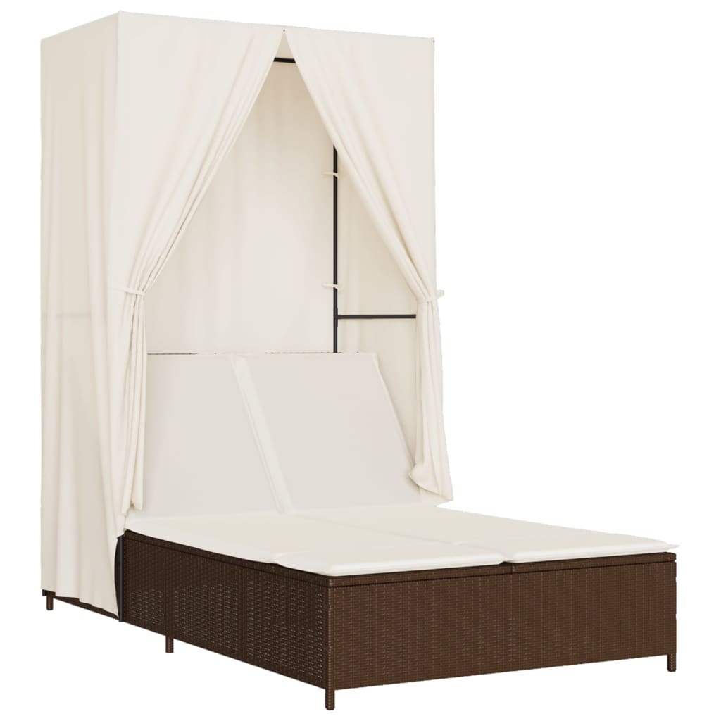 Lettino Prendisole con Tetto e Tende Marrone in Polyrattan - homemem39