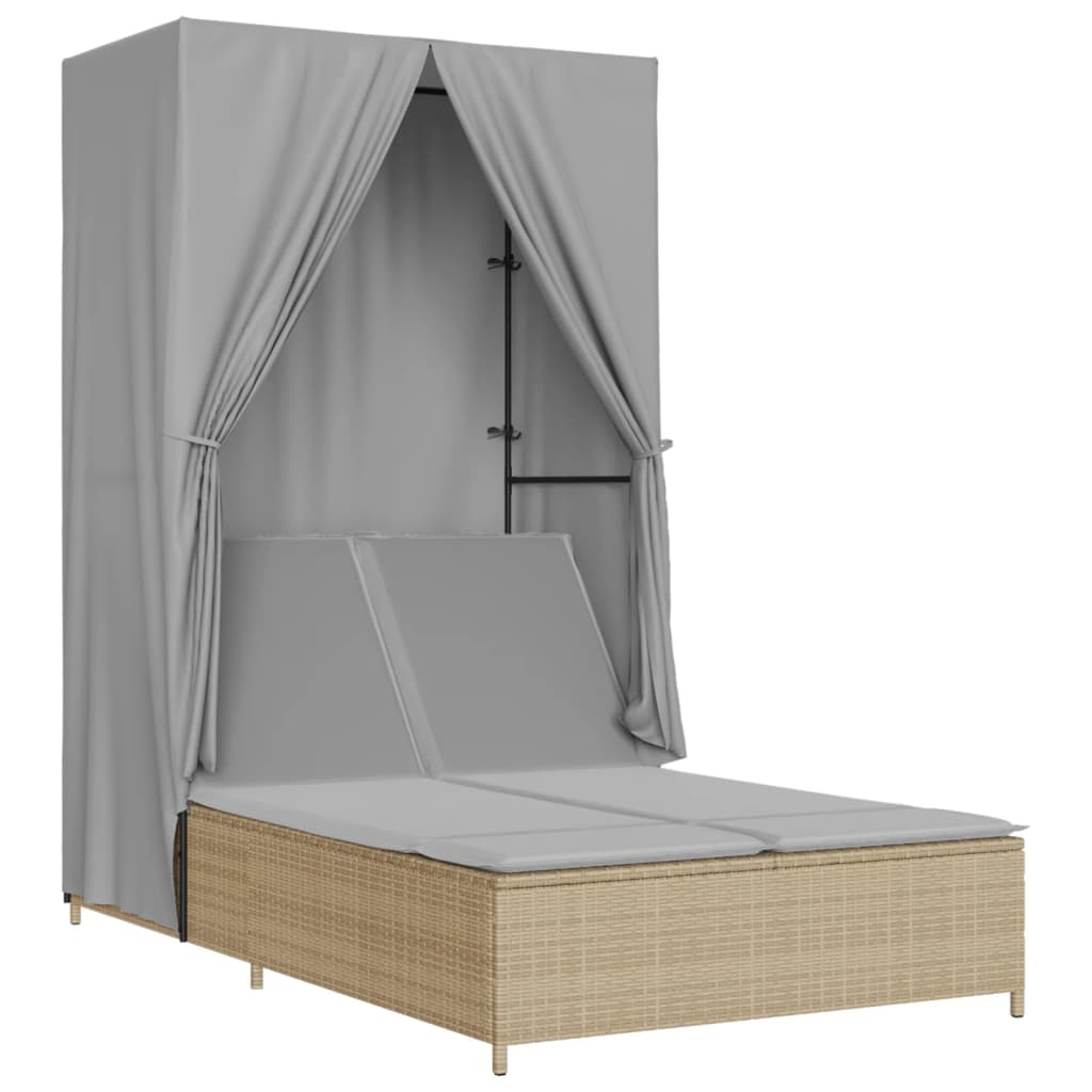 Lettino Prendisole con Tetto e Tende Beige in Polyrattan - homemem39