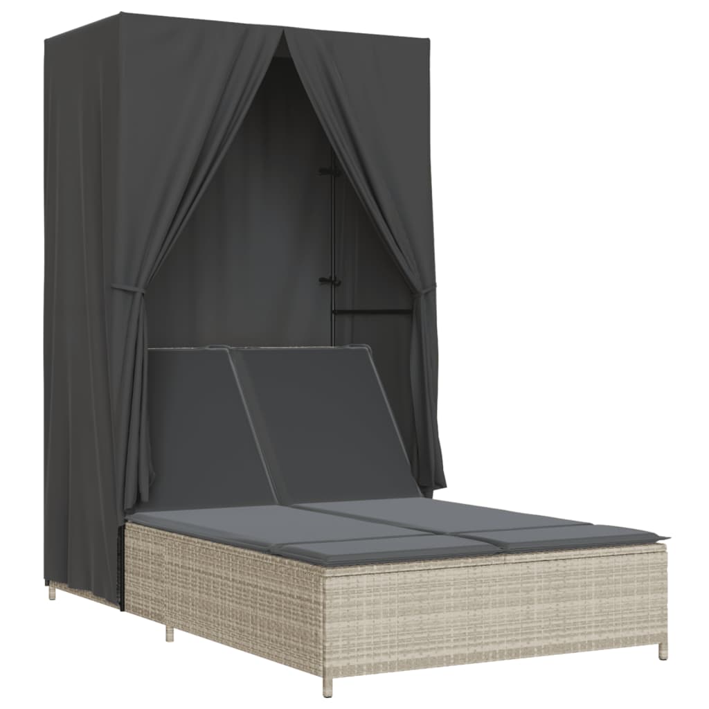 Lettino Prendisole Tetto e Tende Grigio Chiaro in Polyrattan - homemem39