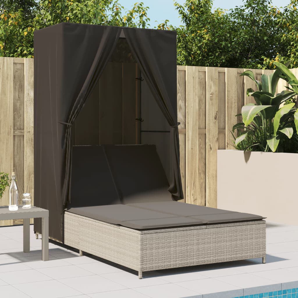 Lettino Prendisole Tetto e Tende Grigio Chiaro in Polyrattan - homemem39