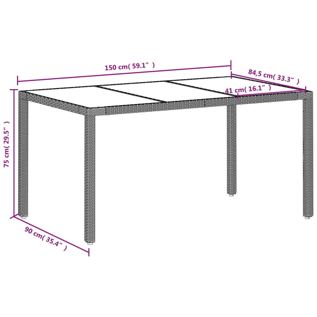 Tavolo Giardino Piano Vetro Grigio Chiaro 150x90x75 Polyrattan | homemem39