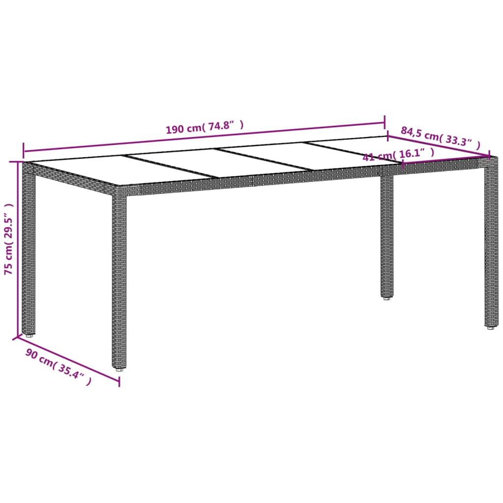 Tavolo Giardino Piano Vetro Grigio Chiaro 190x90x75 Polyrattan