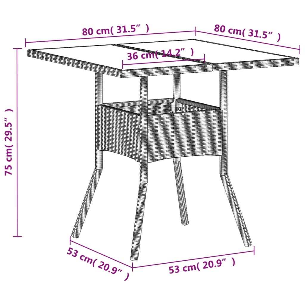 Tavolo Giardino Piano Vetro Grigio Chiaro 80x80x75cm Polyrattan | homemem39