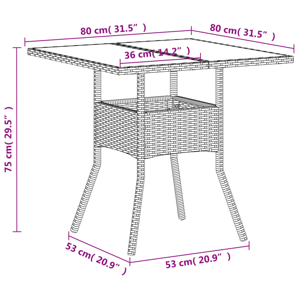 Tavolo Giardino con Piano Vetro Bianco 80x80x75 cm Polyrattan | homemem39