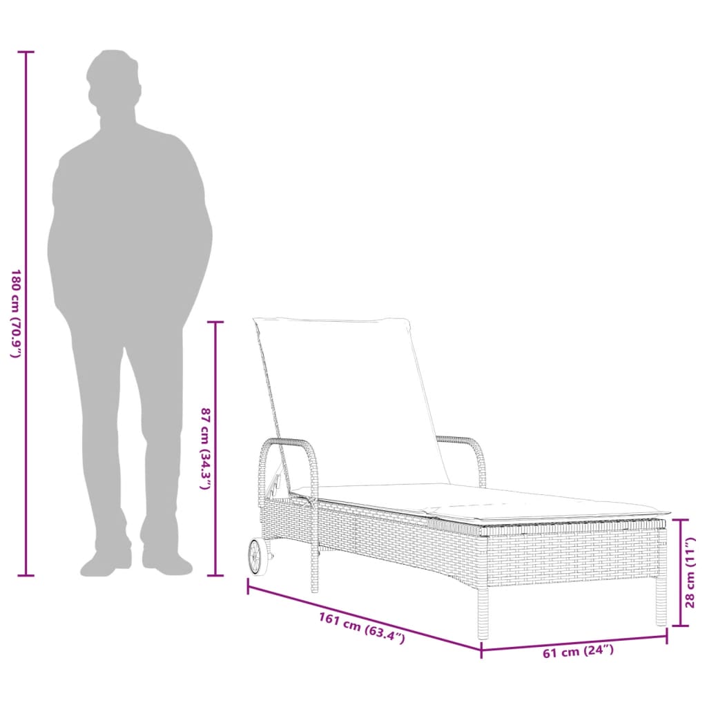 Lettino Prendisole con Ruote e Cuscino in Polyrattan Marrone | homemem39