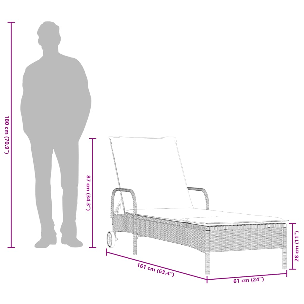 Lettino Prendisole con Ruote e Cuscino Polyrattan Grigio Chiaro | homemem39