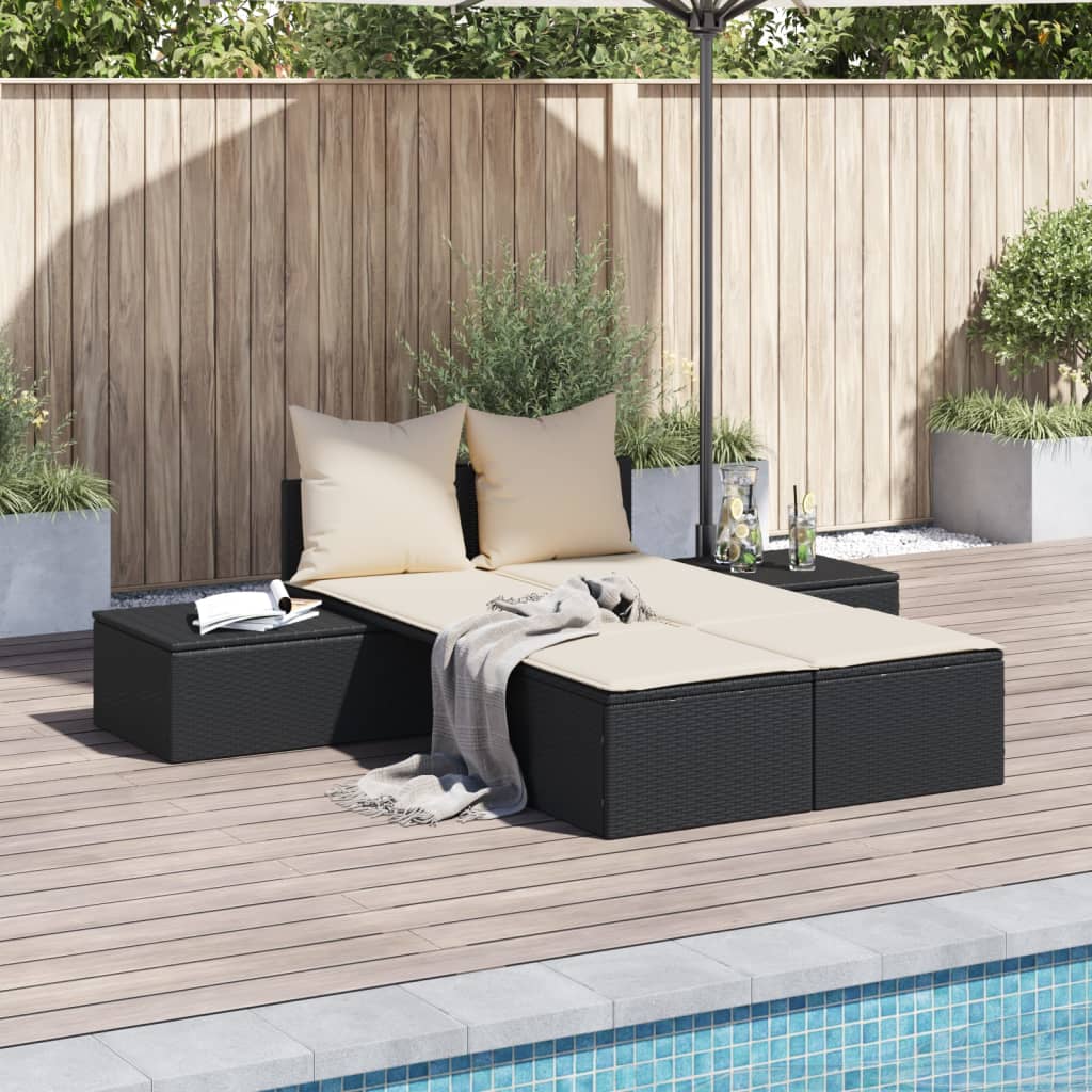 Lettino Prendisole Doppio con Cuscini Nero in Polyrattan - homemem39