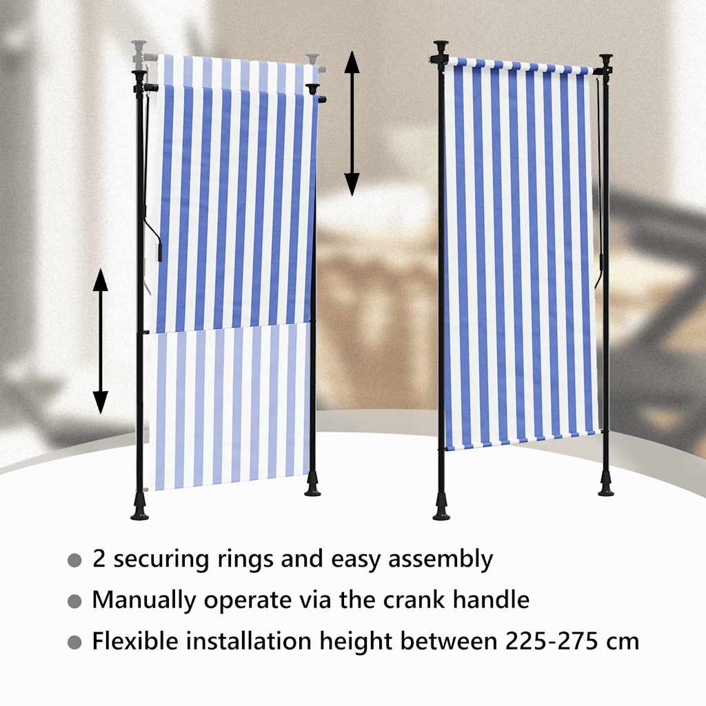 Tenda a Rullo Esterno Blu e Bianca 120x270cm Tessuto e Acciaio - homemem39