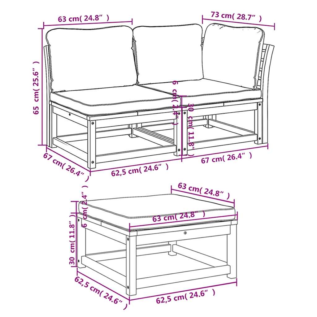Set Mobili da Giardino 3pz con Cuscini Legno Massello di Acacia | homemem39