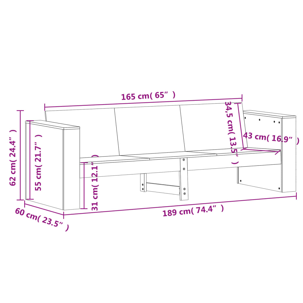 Divano Giardino 3 Posti Bianco 189x60x62 cm Legno Massello Pino | homemem39