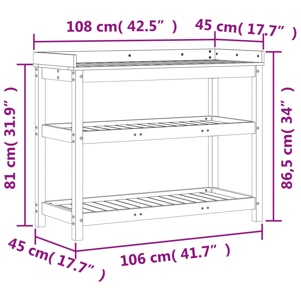 Tavolo Invaso con Ripiani 108x45x86,5 cm Legno Impregnato Pino - homemem39