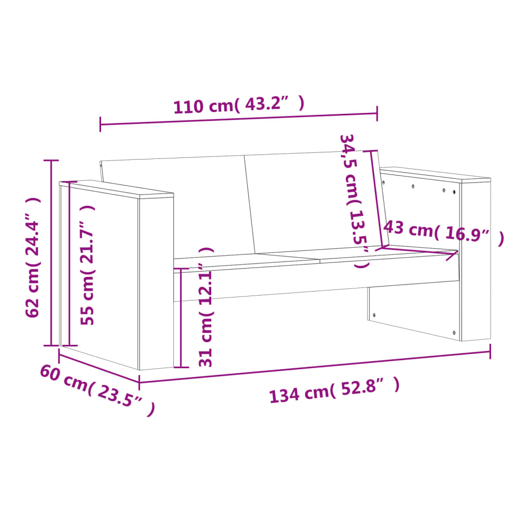 Divano Giardino 2 Posti Marrone Cera 134x60x62 cm Massello Pino | homemem39