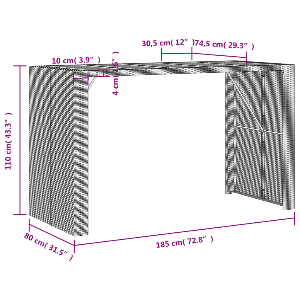 Tavolo Bar da Giardino Piano in Acacia 185x80x110 cm Polyrattan | homemem39