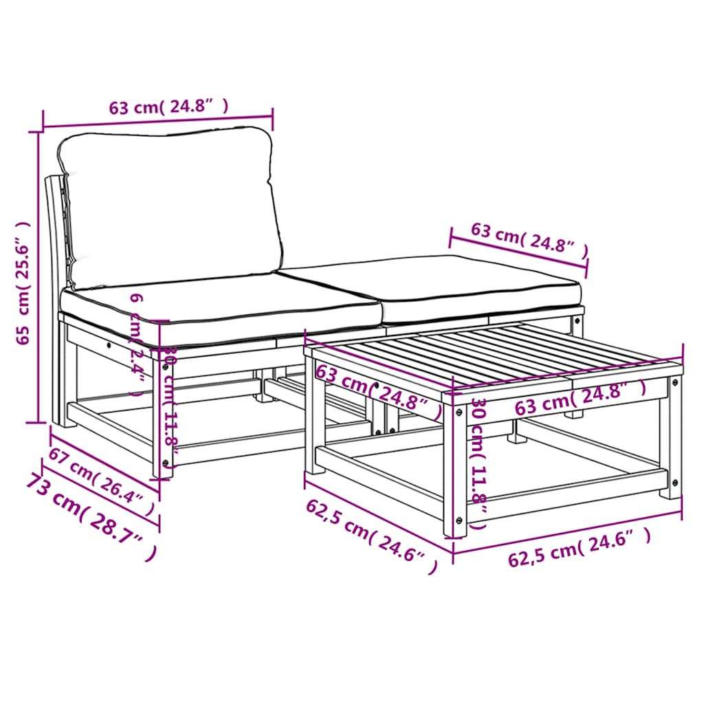Set Mobili da Giardino 3pz con Cuscini Legno Massello di Acacia | homemem39