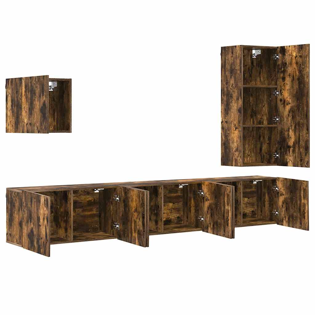 Mobili TV a Muro 5pz Rovere Fumo in Legno Multistrato