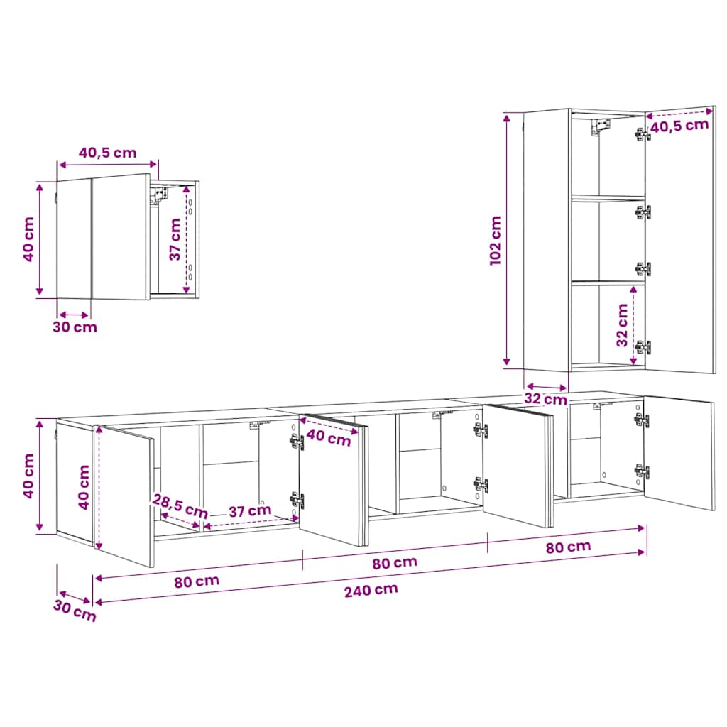 Mobili TV a Muro 5pz Rovere Fumo in Legno Multistrato