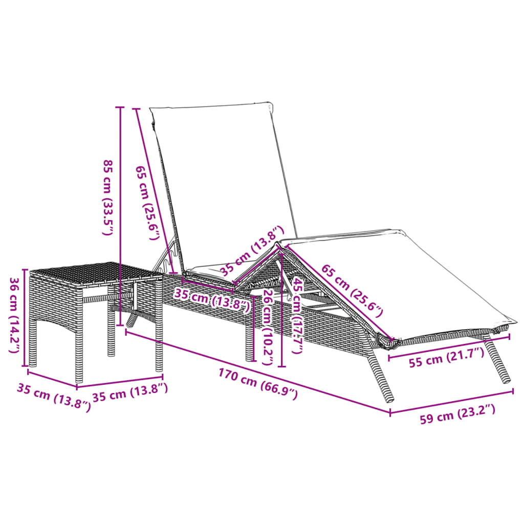 Lettini Prendisole 2 pz con Tavolino Grigio in Polyrattan | homemem39