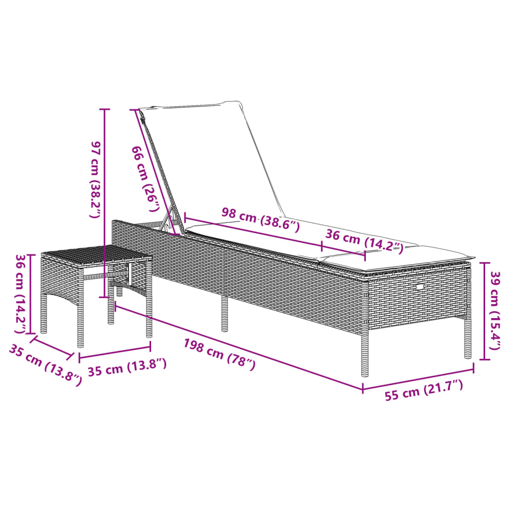 Lettino Prendisole con Tavolo e Cuscino Marrone in Polyrattan | homemem39