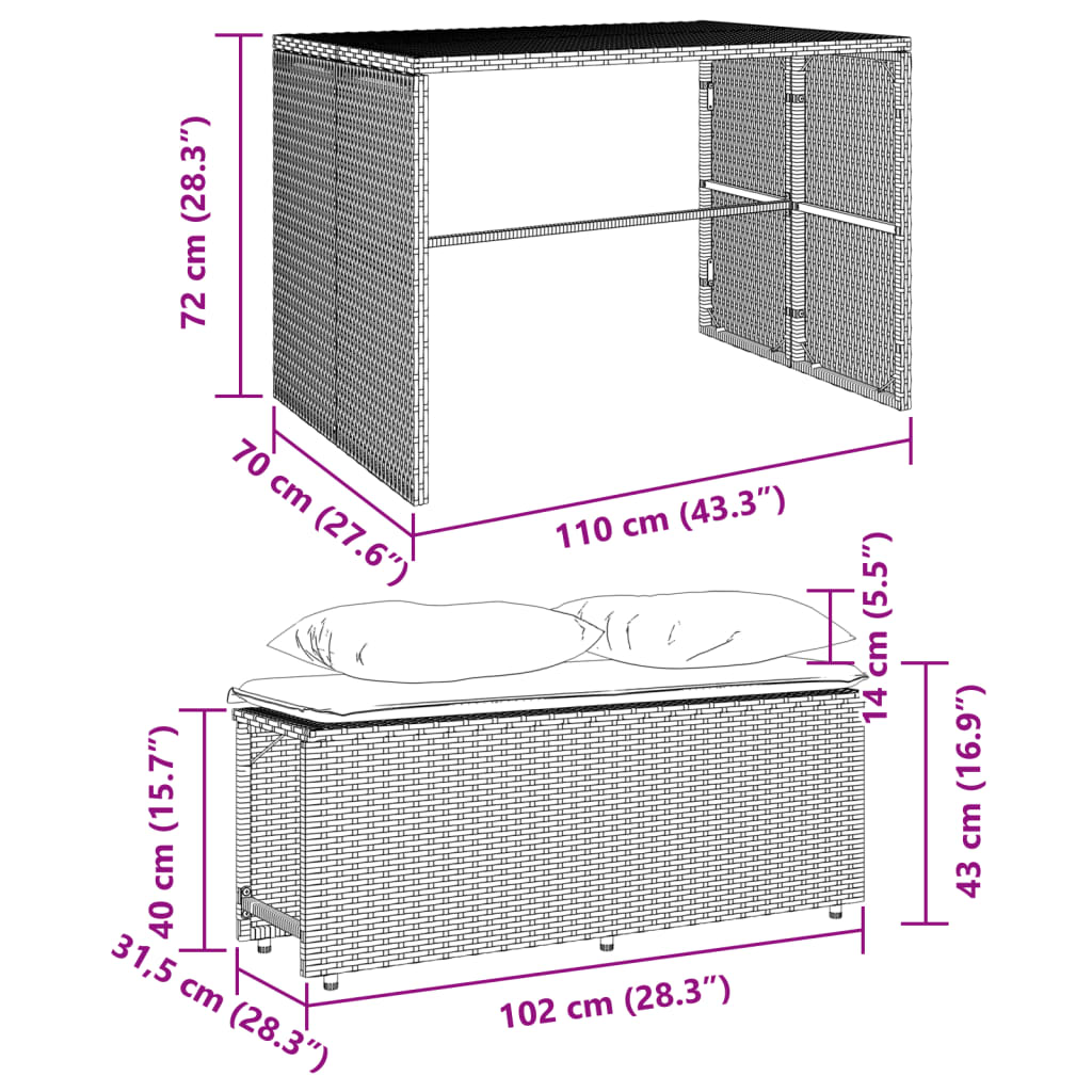 Set da Pranzo da Giardino 3 pz con Cuscini in Polyrattan Grigio | homemem39