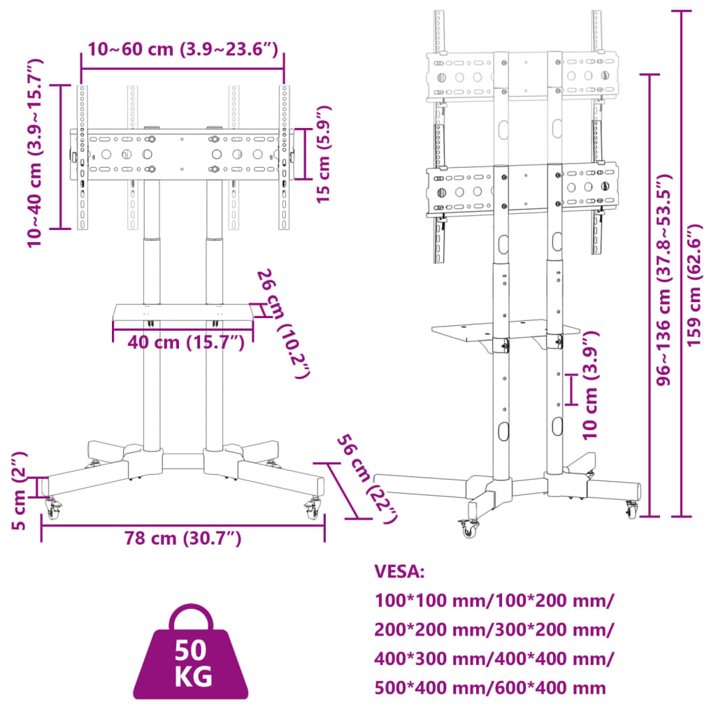 Supporto TV su Ruote Schermo 32"-70" Max VESA 600x400 mm 50kg - homemem39