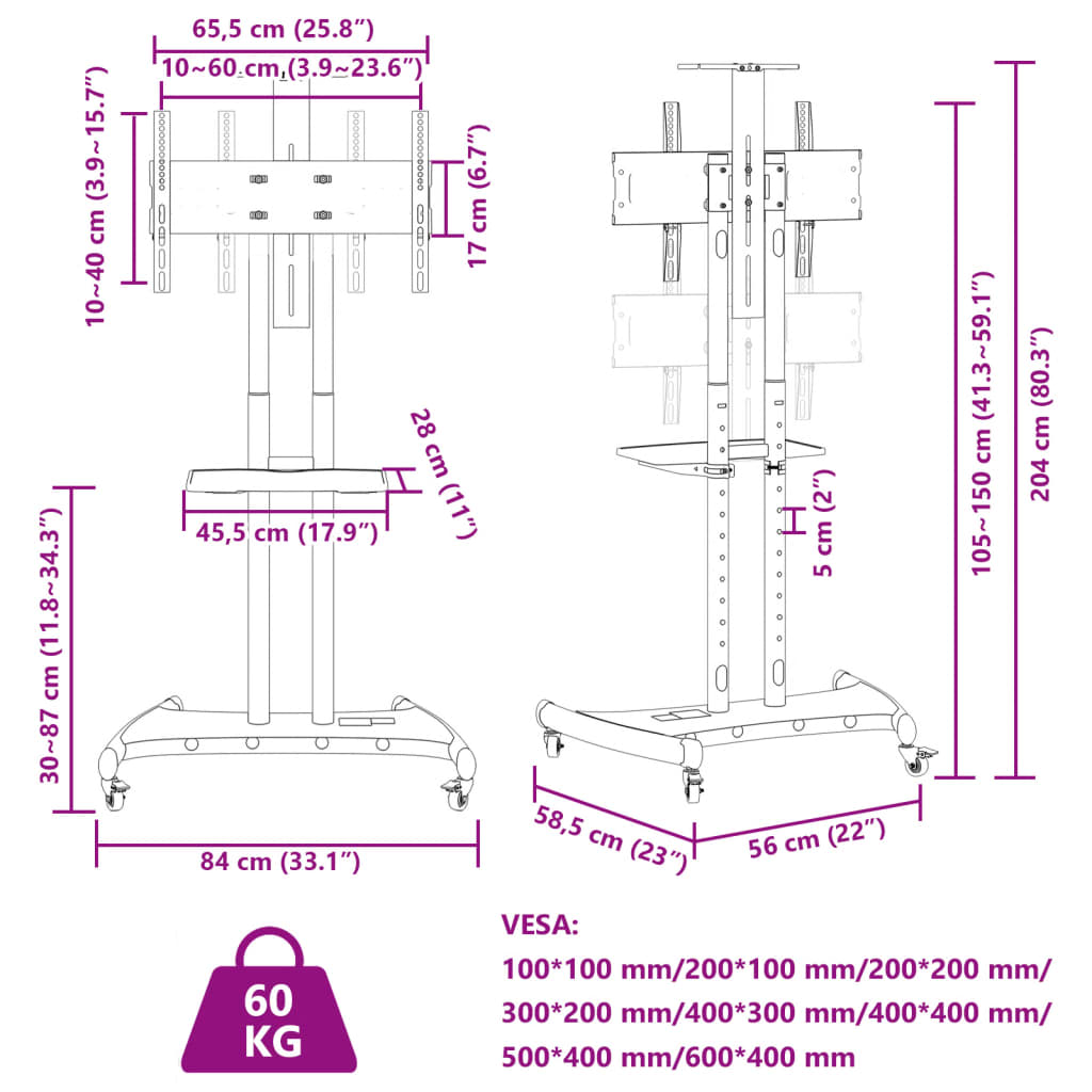 Supporto TV con Ruote Schermo 32"-70" Max VESA 600x400 mm 60kg - homemem39