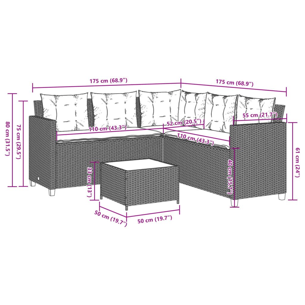 Divano da Giardino con Tavolo e Cuscini a L Beige in Polyrattan | homemem39