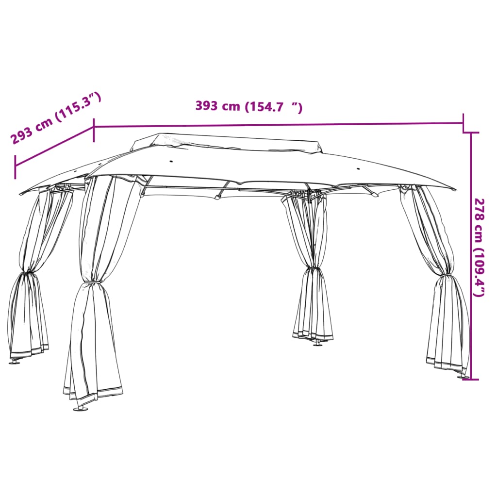 Gazebo con Tetto Doppio/Pareti Rete Tortora 3,93x2,93 m Acciaio - homemem39
