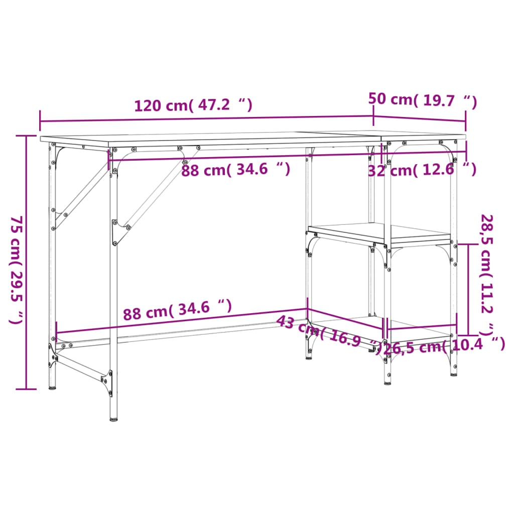 Scrivania Rovere Fumo 120x50x75cm Metallo e Legno Multistrato