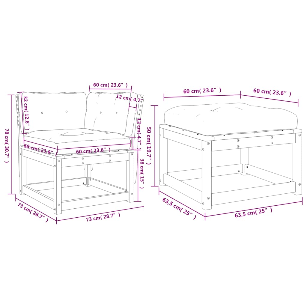 Set Divani Giardino 3 pz con Cuscini Marrone Cera Massello Pino | homemem39