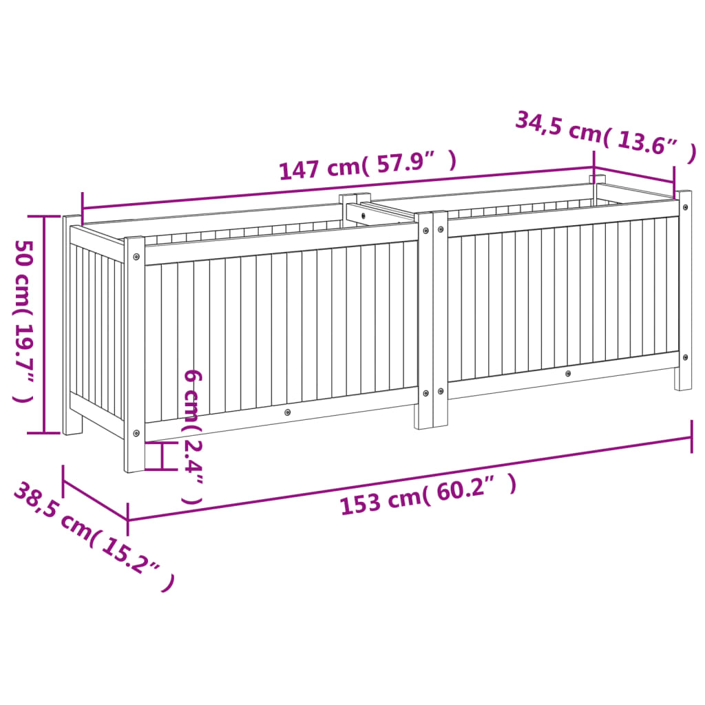 Fioriera Giardino con Rivestimento 153x38,5x50 Massello Acacia | homemem39