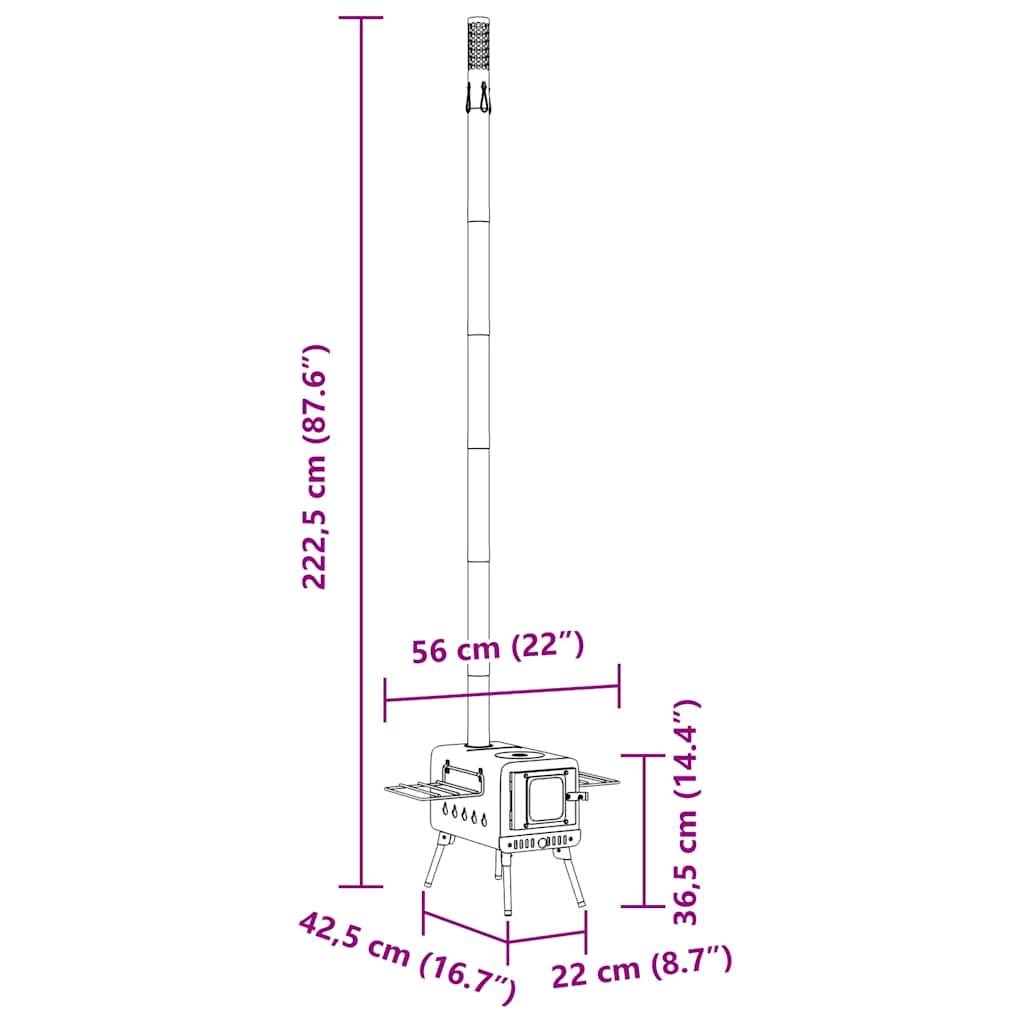 Stufa a Legna da Tenda Camino e Gambe Pieghevoli Nere Acciaio - homemem39