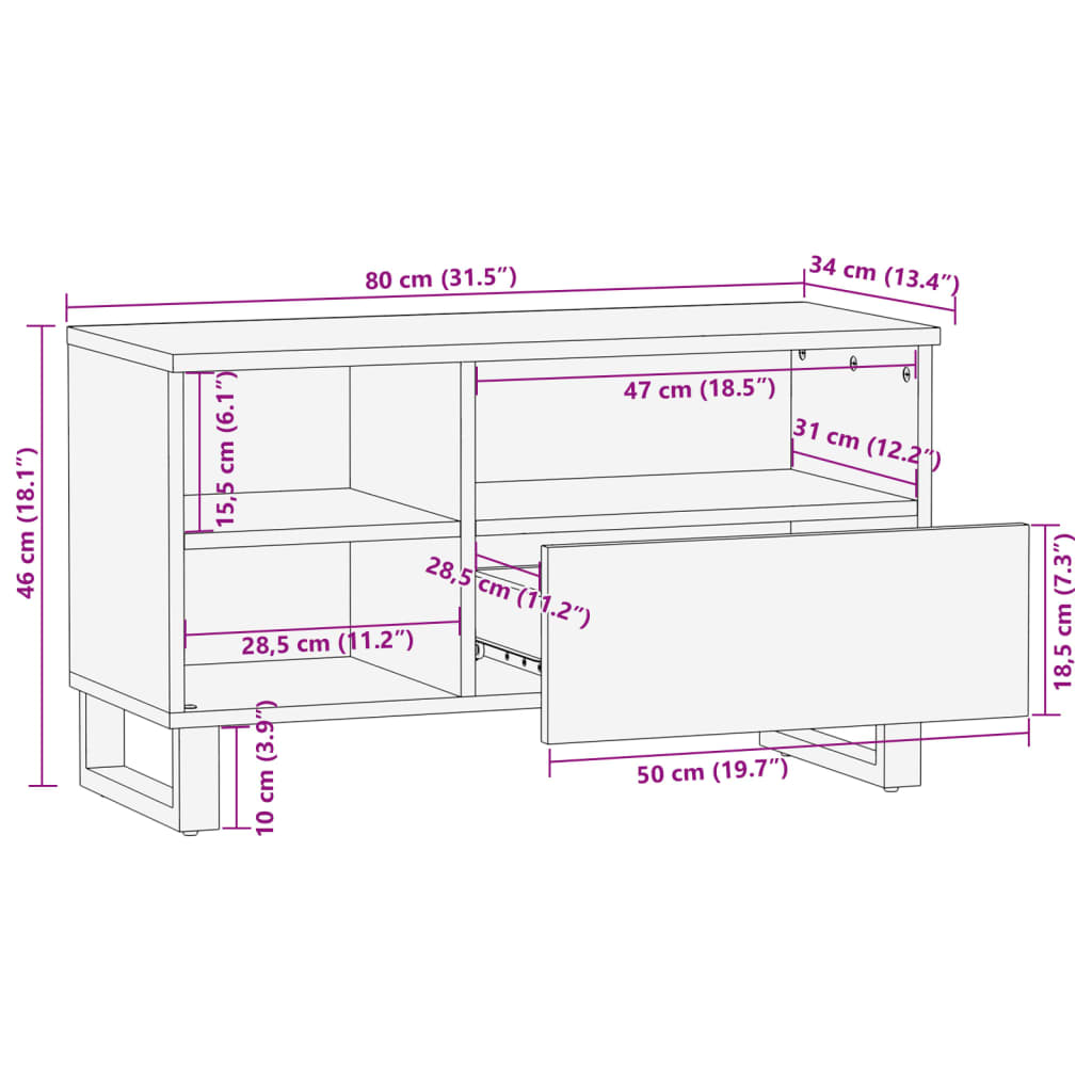 Mobile Porta TV 80x34x46 cm in Legno Massello di Mango Grezzo
