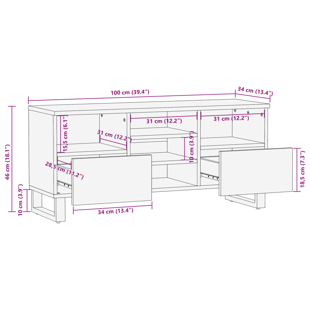Mobile Porta TV 100x34x46 cm in Legno Massello di Mango - homemem39