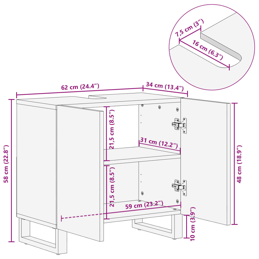 Mobile Lavabo da Bagno 62x34x58cm Legno Massello Mango Grezzo | homemem39