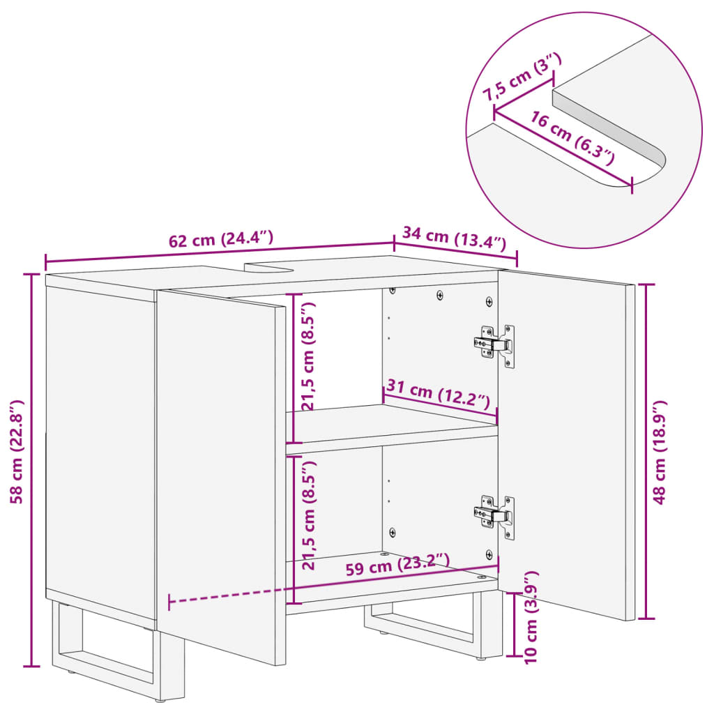 Mobile Lavabo da Bagno 62x34x58cm in Legno Massello di Acacia | homemem39