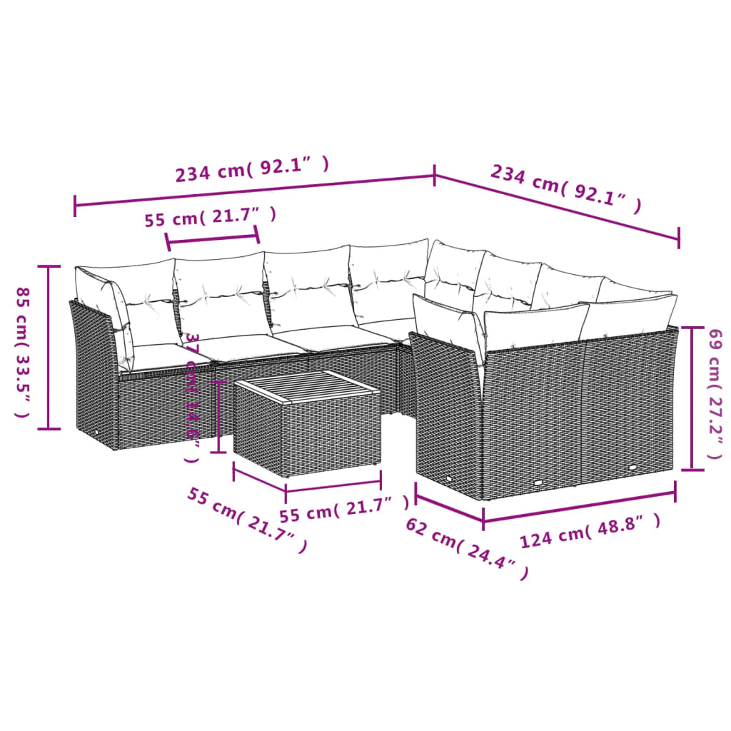 Set Divani da Giardino 9 pz con Cuscini Nero in Polyrattan