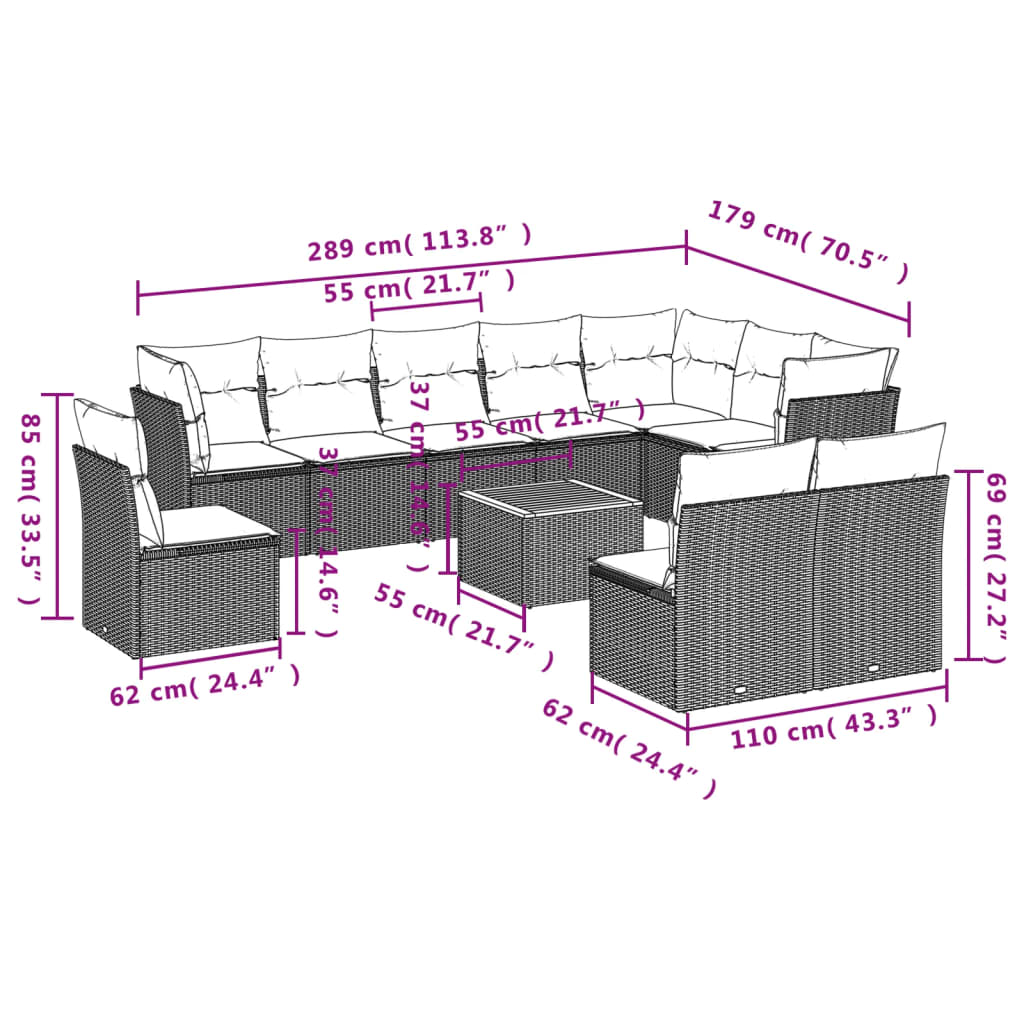 Set Divani da Giardino 11 pz con Cuscini in Polyrattan Nero | homemem39