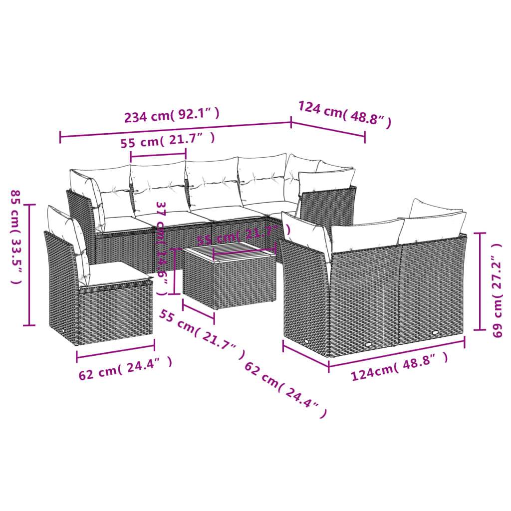Set Divani da Giardino 9 pz con Cuscini Nero in Polyrattan | homemem39