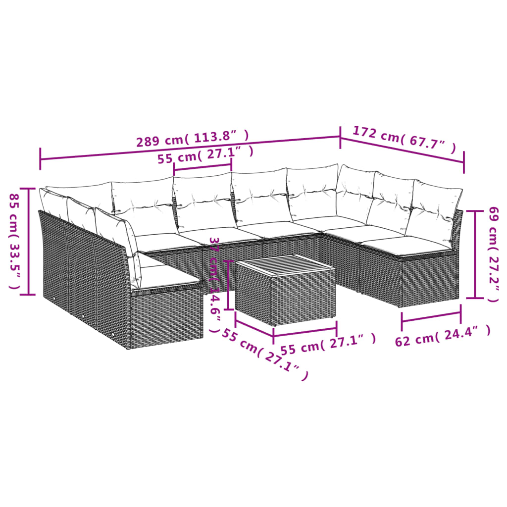 Set Divani da Giardino 10pz con Cuscini in Polyrattan Nero | homemem39