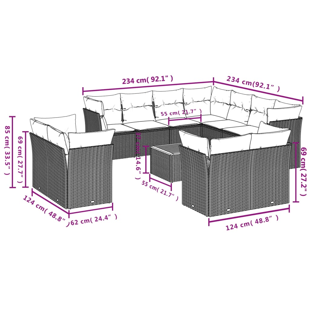 Set Divani da Giardino 12 pz con Cuscini Nero in Polyrattan | homemem39